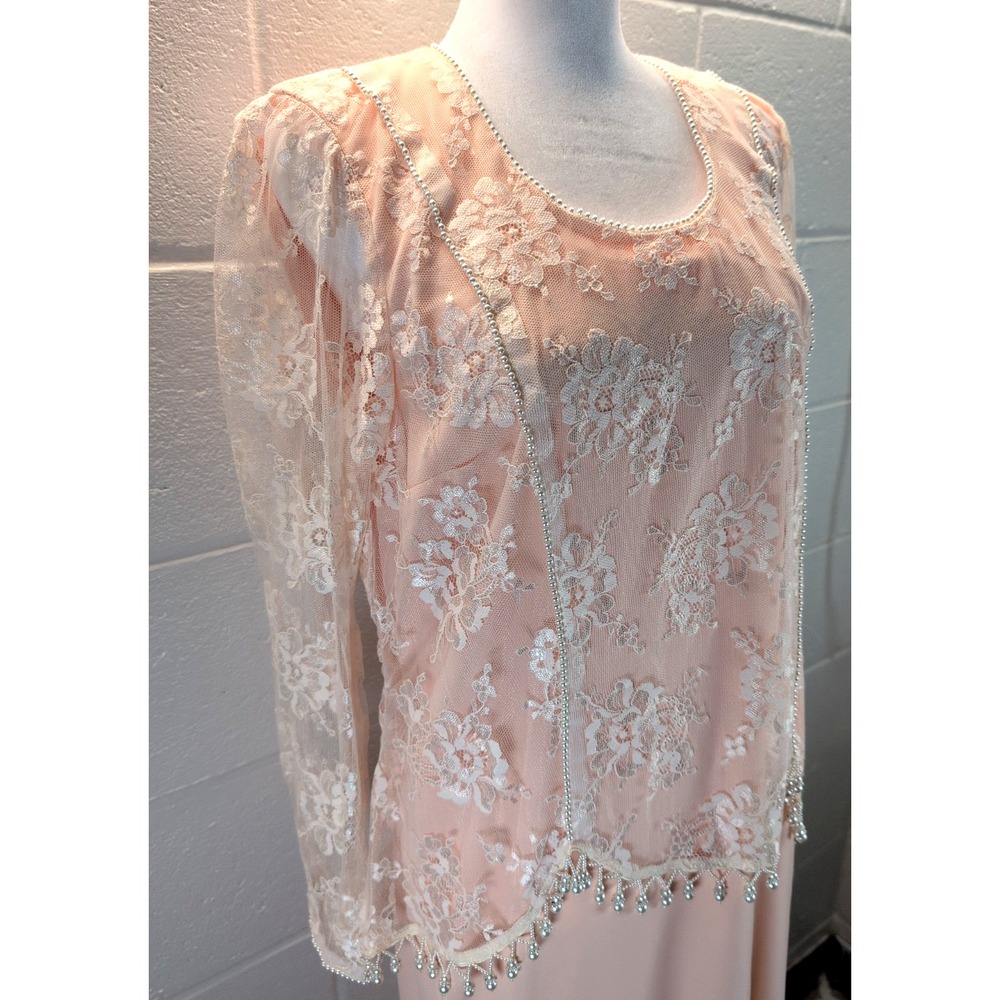 VINTAGE MISS ELLIETTE Mother Of The Bride Dress Blush Peach Lace Pearl Trim USA